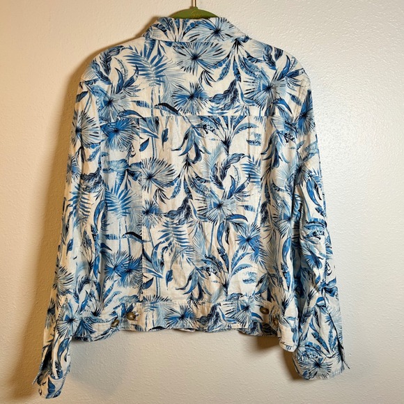 Tahari Women Blue White Tropical Leaf Print Linen Viscose Button Down Jacket XL - Picture 3 of 8